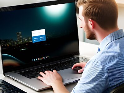 a man sitting at a desk using a laptop