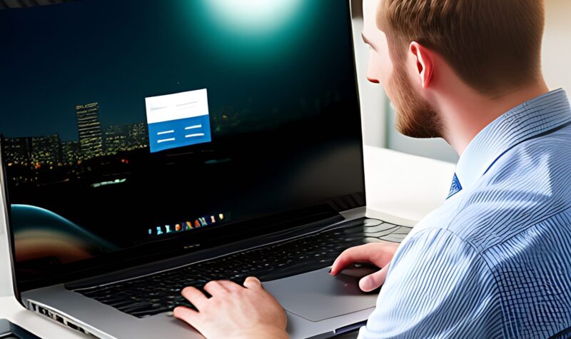 a man sitting at a desk using a laptop